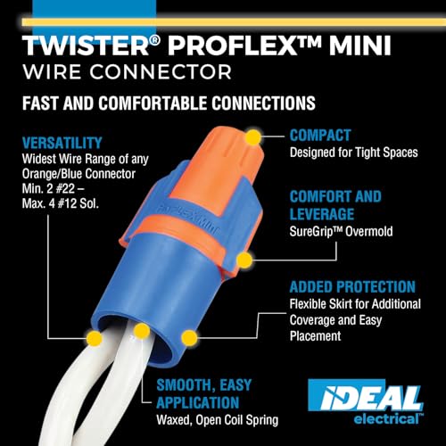 Image of Ideal Electrical Twister Proflex Mini (30-343) Orange /Blue Wire Connector, Box of 100 - Compact Twist-On Wire Nuts for 22 to 12 AWG with Comfort SureGrip and Flexible Skirt