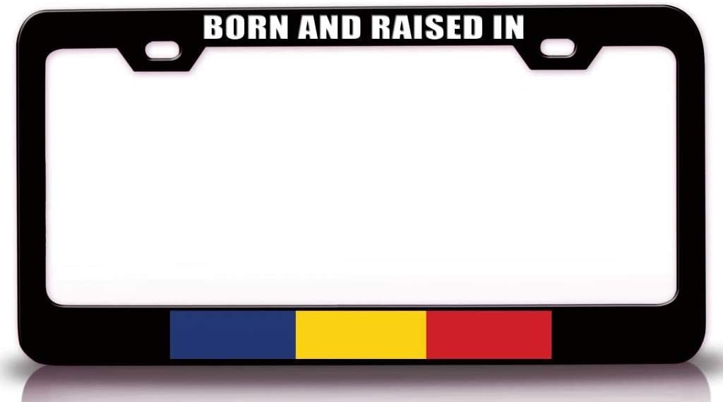 Born and Raised in Romania Country Flag Metal Car SUV Truck License Plate Frame Bl i79