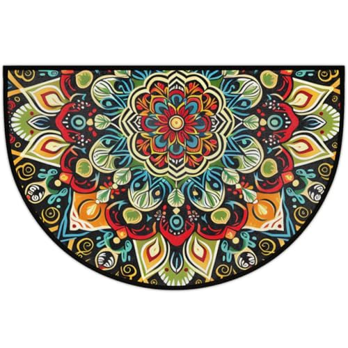 Image of Half Round Door Mat Ethnic Flower Colorful Mandala Non-Slip Semi Circle Area Rug Washable Half Moon Hearth Rugs for Indoor Outdoor Bathroom Kitchen Patio Runner Mat Laundry Room Home Decoration
