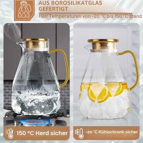 Yirilan Glaskaraffe 2,2 L, Wasserkrug mit Deckel, Borosilikatglas karaffe – Ansicht 4