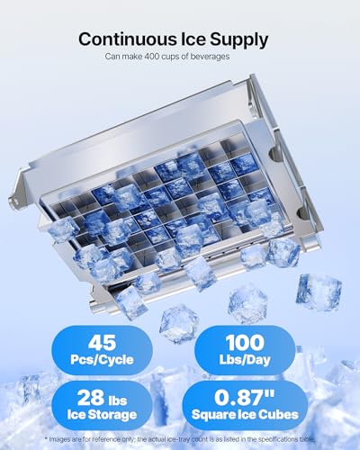Image of VEVOR Commercial Ice Maker Machine, 100 lbs /24h with 28Lbs Storage, 45 Cubes per Cycle, Stainless Steel Freestanding & Under Counter Ice Maker with LED Display & Self-Cleaning, for Home Bar Restaurant