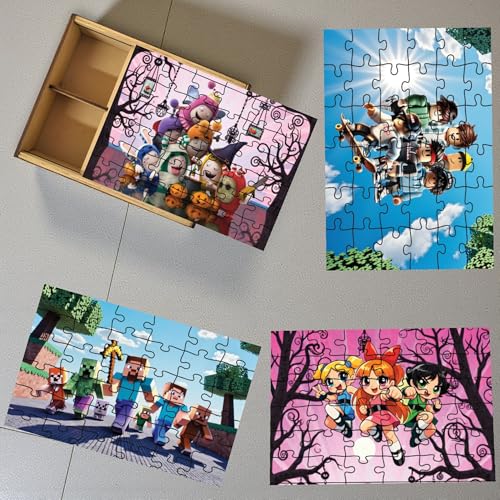 Image of BAGJI Toy Wooden Cartoon Jigsaw Puzzle Set for Kids (3+ Years) | 4-in-1 Game Theme Puzzles with Wooden Storage Box | Fun Learning Toy for Brain Development & Screen-Free Play