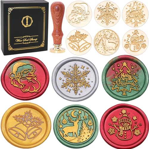 SWANGSA Christmas Wax Seal Stamp Gift Box Set Vintage 6 Sealing Stamp Heads + 1 Wooden Hilt Wax Stamp Kit for Christmas Party Invitations Cards and Gift Packaging (Christmas Kit)