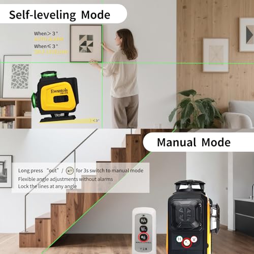 Image of Self-Leveling Laser Level, 4x360 Green Beam Cross-Line Whole Room Coverage with Remote Control & Rotatable Window for Picture Hanging & Home Renovation