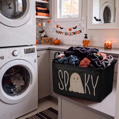 Image of Chunful 4 Pcs Halloween Storage Baskets Black Hey Boo Cute Ghost Laundry Boo Basket Horror Scary Hamper Foldable Storage Bins with Handle Collapsible Organizer for Home Closet Office Bedroom