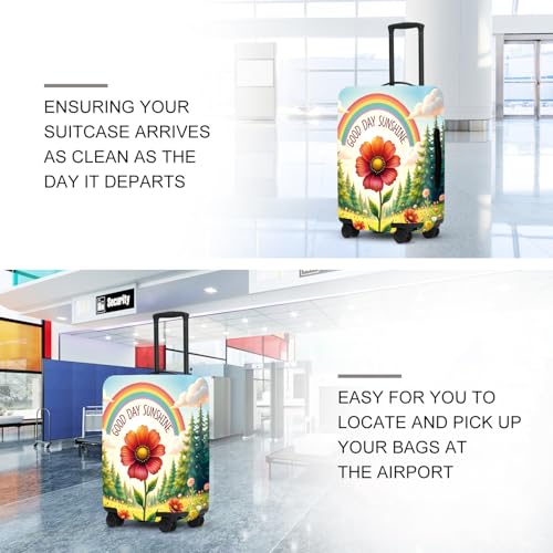 Image of Sunshine Rainbow Luggage Cover, Waterproof Summer Travel Protector with Sunflower & Wildflowers, Bright Vacation Suitcase Case