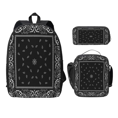 Black Paisley Bandana 3PCS Backpack, Cute Shoulder Backpacks Lightweight Durable Laptop Bag, 17 Inch Backpack