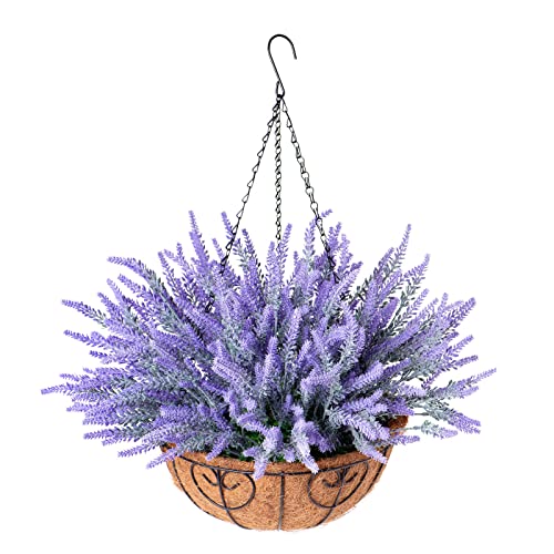 Artificial Lavender Flowers With Hanging Basket, Faux Silk Lavender Plants In Baskets For Home Decoration Outdoor Garden Yard Patio, 14 Bundles With Baskets #TOP23