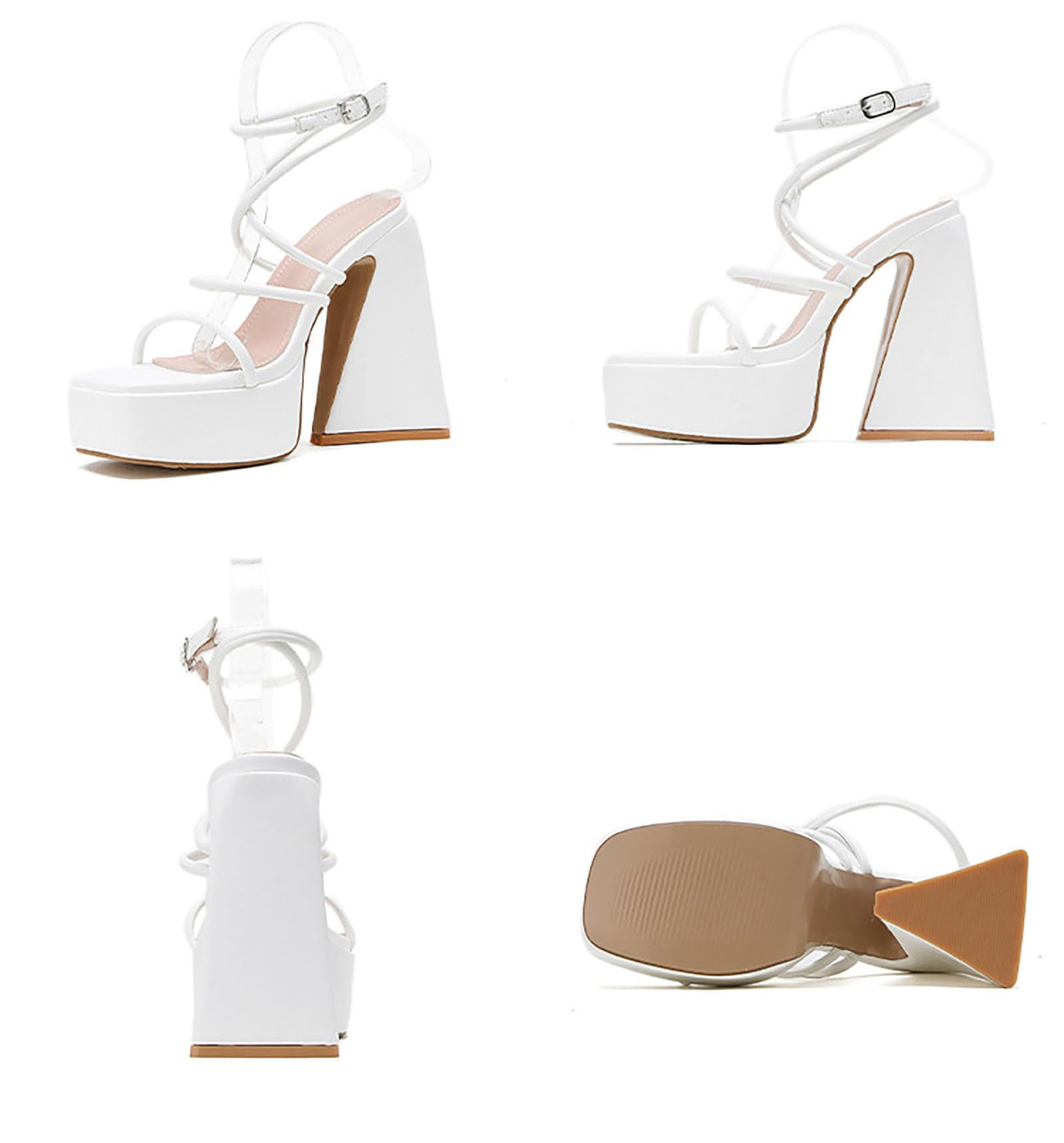 FUUBAMB00 Women's Platform Chunky High Heels 15cm /6in Square Open Toe Ankle Strap Block Trapezoidal Heel Super Stable Sandals