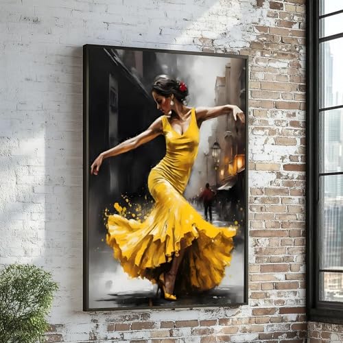 Tableau sur toile représentant une danseuse de flamenco, fresque murale en robe jaune, art mural de danse espagnole, affiches et impressions décoratives...