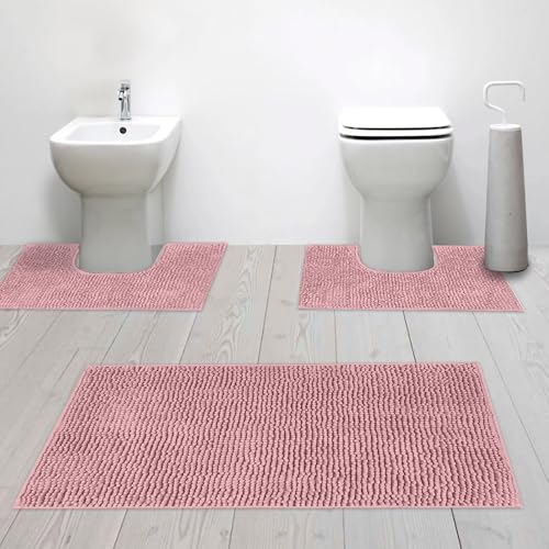 Susanna Home – Set 3 Tappeti da Bagno in Microfibra Shaggy Antiscivolo, Tappeto Rettangolare, Giro Water e Giro Bidet, Super Assorbente, Morbido e Lavabile - Disponibile in Diversi Colori (ROSA)
