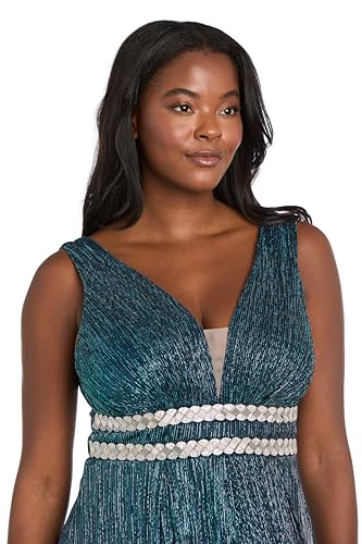 Image of R&M Richards Women's Pleated Maxi Dress W /Illusion V-Neck, Embellished Waistband & Front Slit - Party & Cocktail Gown