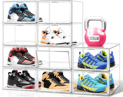 10 Pack Clear Acrylic Shoe Storage Boxes Stackable,Size 14 Large Sneaker Storage Organizer Bins with...