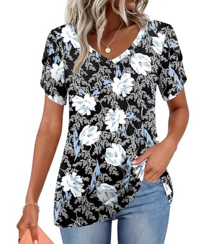 Image of CATHY 2026 Women Tops Summer Short Sleeve Tunic V Neck T-Shirts Loose Casual Floral Blouse S-4XL
