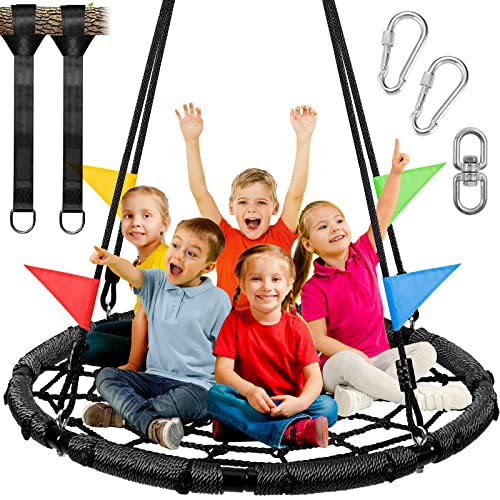 Odoland Spider Web Tree Swing for Kids and Adult, Outdoor Saucer Net Round Swing with Steel Frame and 2 Hanging Straps and Turnbuckle - 43in Large Platform for Backyard Park Travel Black Lar