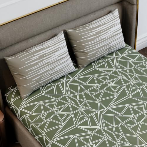 Image of Stoa Paris 100% Cotton King Size Fitted Bedsheet with 2 Pillow Covers, 180TC Printed Bedding Set, All-Season Comfort, Soft & Lightweight, Home Decor, Urbanscape - Sage Spectrum (182cmx198cm+30cm)