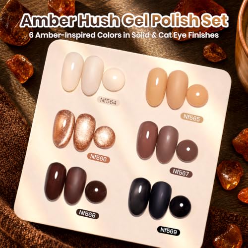 Image of Beetles Brown Gel Nail Polish Set, 6 Colors Nude Beige Coffee Black | with Rose Gold Magnetic Cat Eye&Magnet, UV LED Soak Off Fall Winter Neutral Manicure Kit