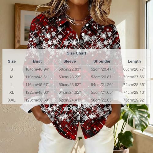 Women Christmas Tops Dressy Button Down Collared Shirts Business Work Shirt | Festive holiday print, button down front, collared neck, roll up sleeves, holiday season, party family gathering - image 4