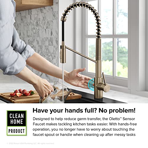 KRAUS Oletto Touchless Sensor Commercial Pull-Down Single Handle Kitchen Faucet with QuickDock Top Mount Assembly in Spot Free Antique Champagne Bronze, KSF-2631SFACB