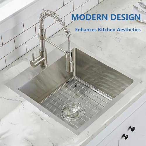 Image of 18 Inch Drop In Bar Sink, 18 x 18 Stainless Steel Single Bowl Top Mount Drop In Bar Wet Prep RV Outdoor Kitchen Sink, 16 Gauge Brushed Nickel