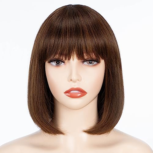 FASHION IDOL Bob Human Hair Wig with Bangs for Black Women Short Straight Hair 10 Inch Brown Glueless Machine Made Short Bob Wigs
