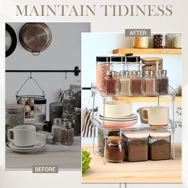 2 Pieces Cabinet Organizer Shelf 11.81'' Acrylic Counter Shelves for Kitchen Shelves Organizer Stackable Spice Rack Desk Countertop Shelf for Kitchen Cabinet Pantry Organization and Storage