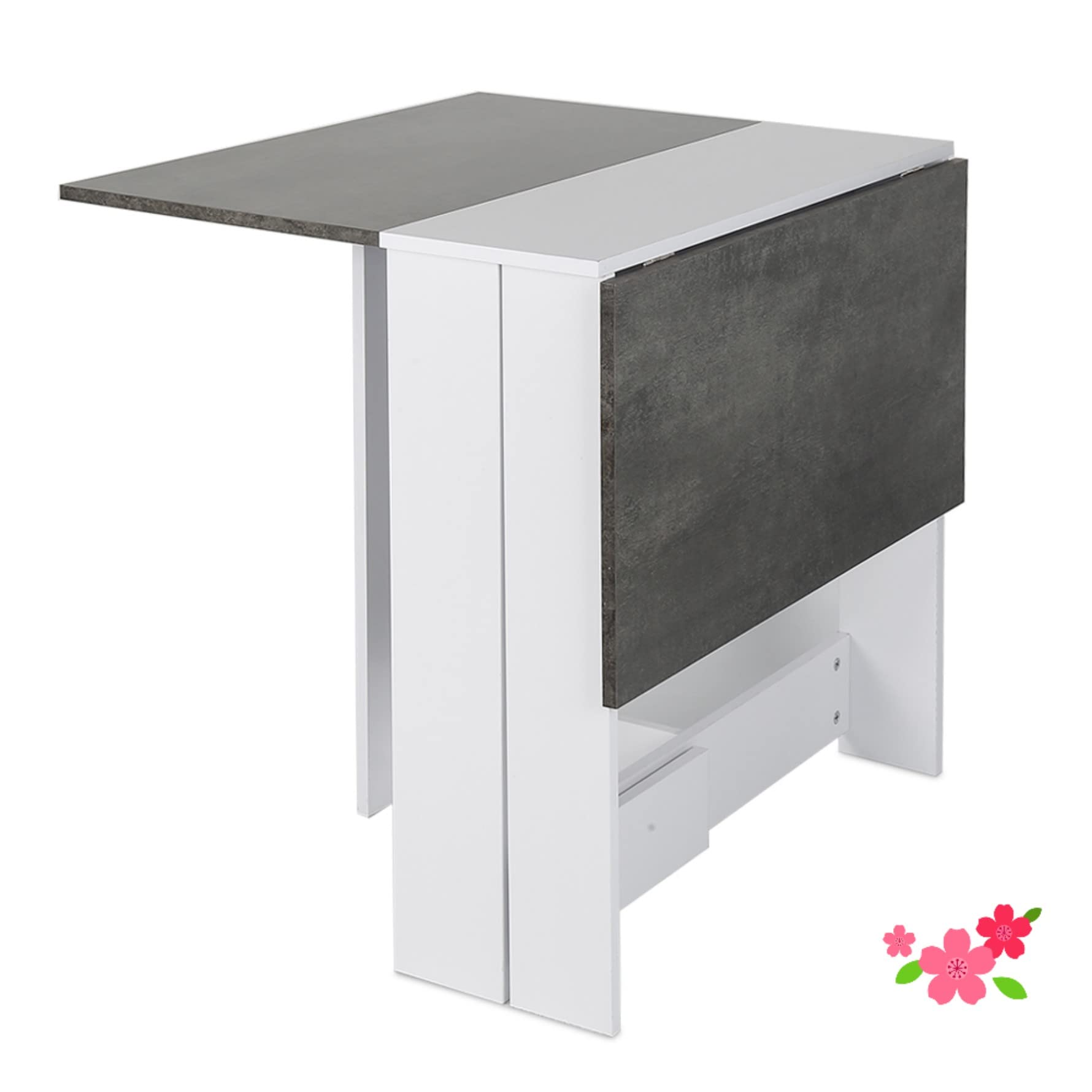 HUOLE Mesa de Comedor Plegable con Ruedas Mesa de Cocina Extensible para Espacio Pequeño con 2 Alas Abatibles y Estantes 103 * 76 * 73,4 cm-Blanco+Cemento