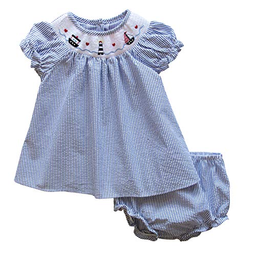 Good Lad Newborn/Infant Baby Girls Seersucker Smocked Dresses with Nautical Embroideries (6/9M, Navy)