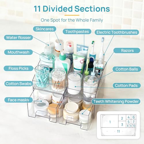 Image of Vtopmart 7 PCS Bathroom Countertop Organizer, 1 Divided Tray with 4 Qtip Holder Jars and 2 Drawers, Restroom Clear Organizers for Toothbrush, Cotton Pads, Vanity Accessories Storage Set