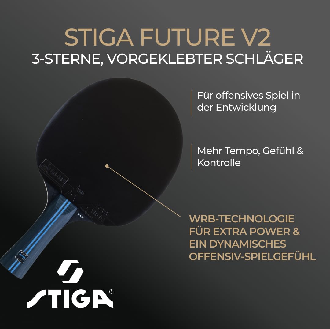 STIGA Tischtennisschläger Future V2-3-Sterne Profi-Schläger für offensives Spiel, ITTF-zugelassener Star 3 Belag, 2,0 mm Schwamm, WRB-Technologie, konkaver Griff, 5-schichtiges Holz