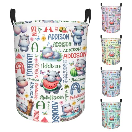Image of Custom Hippo Laundry Hamper, Personalized Laundry Basket with Name, Customized Dirty Clothes Basket for Clothes Toy Bathroom Bedroom Storage,S-16.5 inchX 13.8 inch