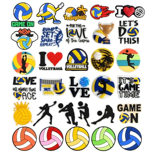 HCTGATH Sports Shoe Charms, Baseball Soccer Football Basketball Volleyball Softball Hockey Shoe Decoration Charms, Cute Clog Accessories Charms for Sports Fans (Volleyball 32 pcs)