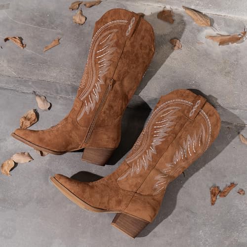 Image of Women's Western Cowboy Boots - Embroidered Ankle Booties with Chunky Block Heel, Side Zipper Suede Cowgirl Boots for Country Concert