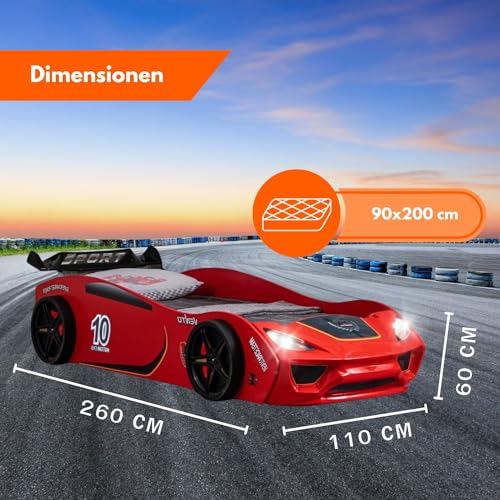 TRAUMMÖBEL Autobett Turbo V2 Kinderbett im Rennwagen-Design mit Lattenrost Farbe Rot