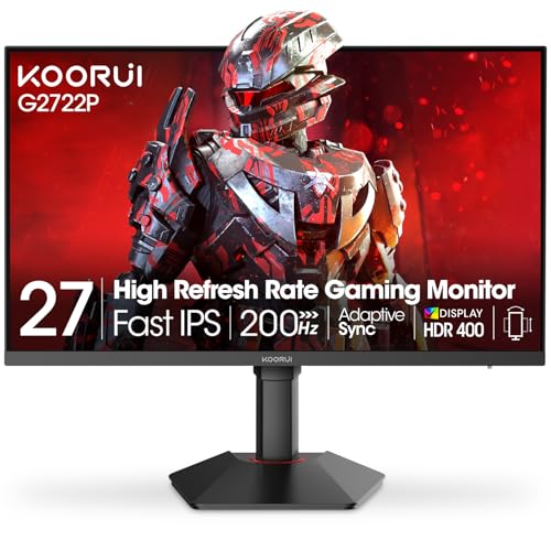 KOORUI 27 Inch 2K Gaming Monitor, 200Hz QHD (2560 x 1440p) Fast IPS Screen, 1ms Response Time, HDR 400, 95% DCI-P3, Height/Pivot/Tilt Adjustable Stand, Adaptive Sync Technology, HDMI & DP, G2722P
