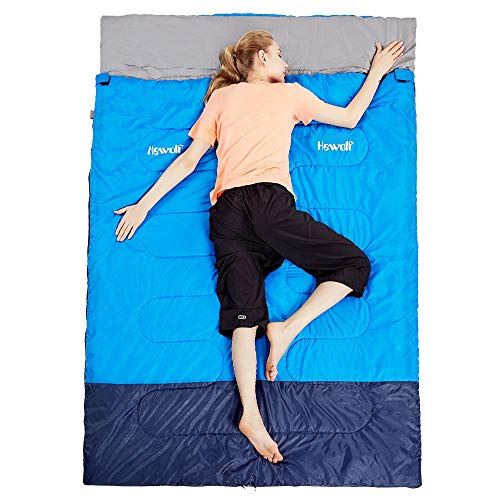 Hewolf Saco de Dormir Doble Azul para 2 Personas, Adultos o Adolescentes, Saco de Dormir Tipo Manta Adecuado para climas cálidos y fríos Saco de Dormir para Acampar