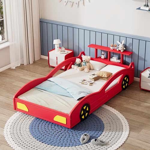 Harper & Bright Designs Twin Size Race Car Bed with Wheels and Storage Shelves, Red