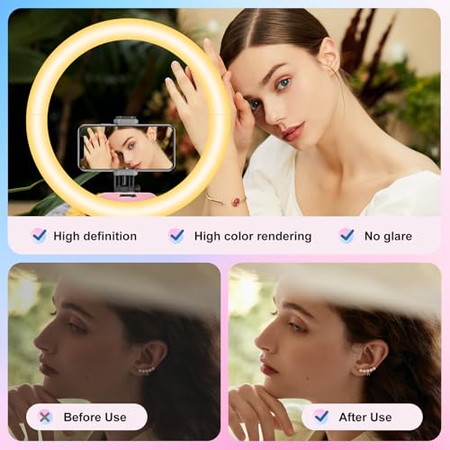 Image of Aureday 14'' Pink Selfie Ring Light with 62'' Tripod Stand and Phone Holder, Dimmable LED Phone Ringlight for Makeup /Video Recording /Photography, Circle Lighting for Cell Phones&Lightweight Cameras