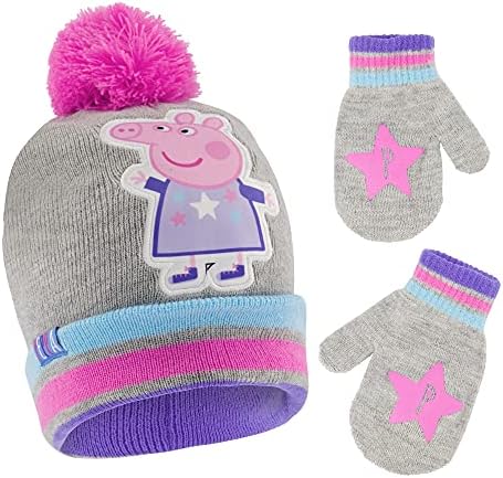 Hasbro Girls Winter Accessory and Mittens Set, Peppa Pig Toddler Beanie for Ages 2-4 Cold Weather Hat, Grey/Pink, 2-4T US