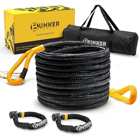 BUNKER INDUST 1"×30ft Kinetic Recovery Rope with 2 Soft Shackles Kit, Kinetic Recovery Tow Rope Snatch Strap Off Road Recovery Kit for UTV, ATV, Truck, Car, Jeep, Tractor Cover