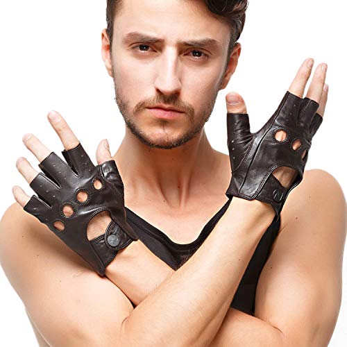 NAPPAGLO メンズ 男性用 ショート 羊革 手袋 穴デザイン 指なし 夏 春 秋 通勤 通学 U型嵌め口 運動 ドライブ バイク グローブ （L ブラウン）