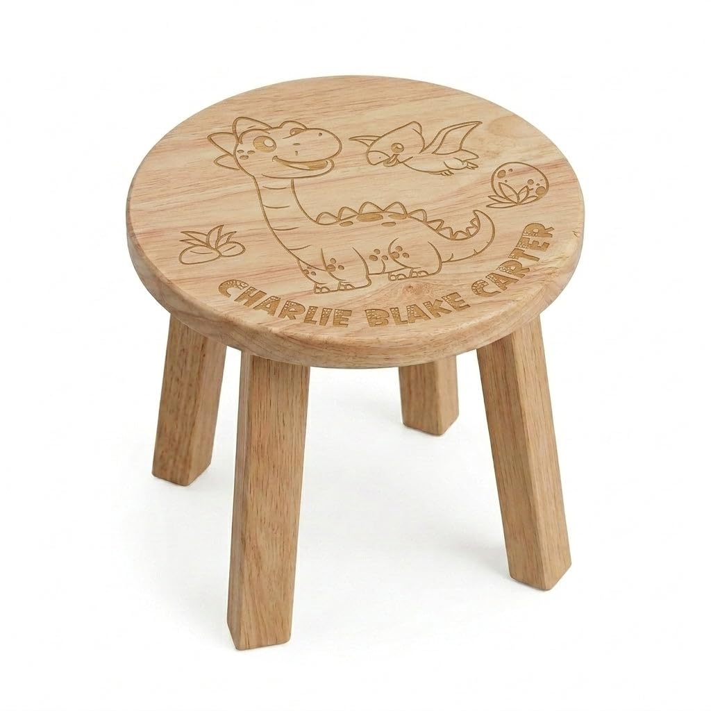 Personalised Wooden Dinosaur Stool for Toddlers | Custom Name Engraved Kids Sitting Stool | Nursery Furniture for Boys & Girls | First Birthday & Christening Gift | Adventures Await Toddler Chair