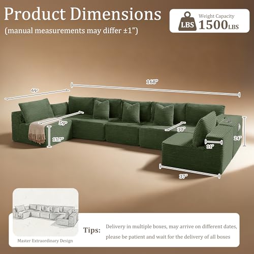 Image of 168 inch Cloud Sectional Couch, Comfort U Shaped Sofa for Living Room, Extra Deep Seats No Assembly, Minimalist Modular Couch, Corduroy (Olive Green, 7 Seats,U-Shape B)