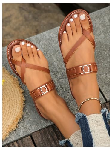 GORGLITTER Women's Strappy Toe Ring Flat Sandals Summer Beach Metal Buckle Criss Cross Slides 20252