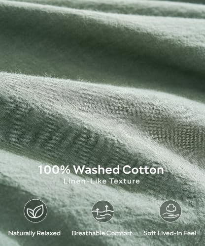 Image of JELLYMONI 100% Washed Cotton Green Duvet Cover Twin, Linen-Like
