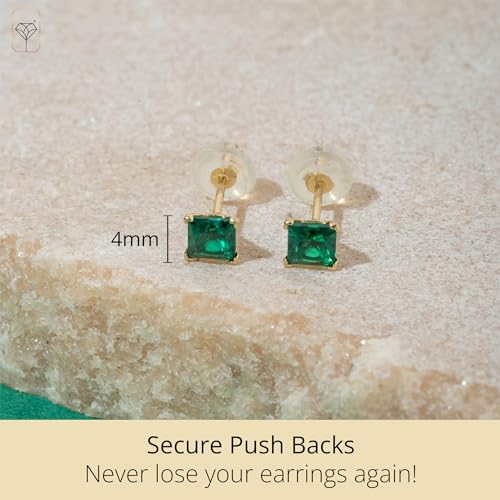 14k White or Yellow Gold Square Stud Earrings for Women with Princess Cut Gemstone 4 mm Birthstone and Push Backs by MAX + STONE3