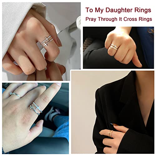 Harlermoon To My Daughter Pray Through It Cross Ring Double Cross Adjustable Baptism Gold CZ Diamond Creative Wedding Commitment Ring for Woman2