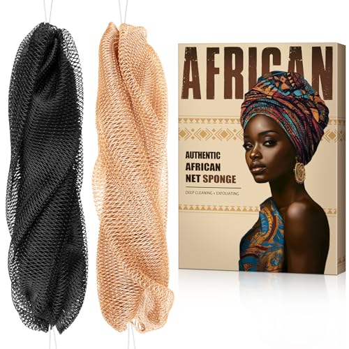 Authentic African Net Sponge with Knots - Afro Scrubber Bath Loofah Exfoliating Net Sponge for Shower - 2 Pack African Bath Sponges Exfoliator for Most Skin Types Back Scrub Washer Accessories