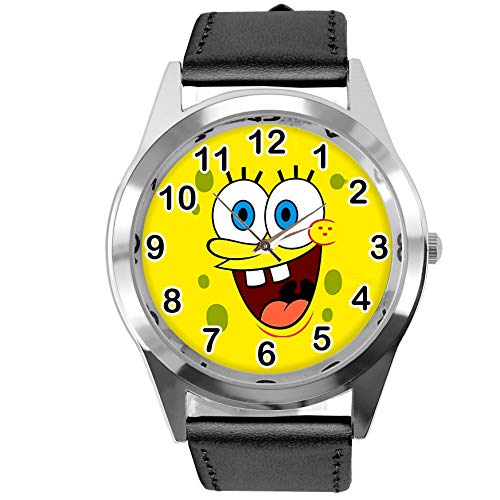 ® Kinder Uhr Analog Quarzwerk mit Leder armband Sponge Bob Square Pants Rund Schwarz