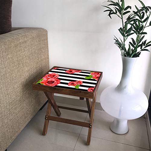 Image of Nutcase Designer Teak Wood Side Table Folding Wooden Bedside Coffee Outdoor Picnic Table - Black Stripes Floral